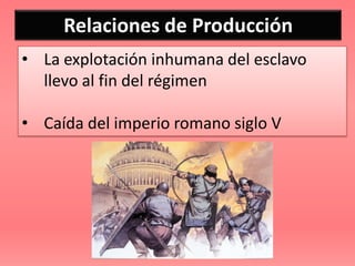 Relaciones de Producción
• La explotación inhumana del esclavo
  llevo al fin del régimen

• Caída del imperio romano siglo V
 