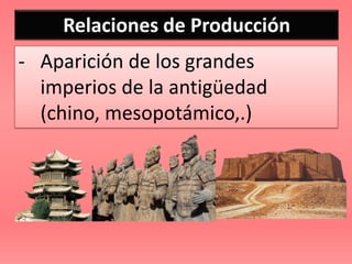 Relaciones de Producción
- Aparición de los grandes
  imperios de la antigüedad
  (chino, mesopotámico,.)
 