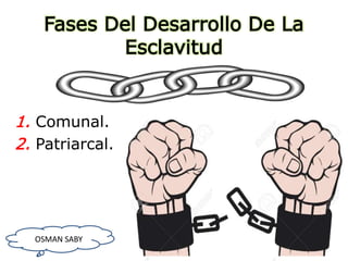 Fases Del Desarrollo De La
Esclavitud
1. Comunal.
2. Patriarcal.
OSMAN SABY
 