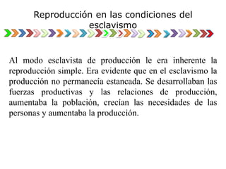 Reproducción en las condiciones del
esclavismo
Al modo esclavista de producción le era inherente la
reproducción simple. Era evidente que en el esclavismo la
producción no permanecía estancada. Se desarrollaban las
fuerzas productivas y las relaciones de producción,
aumentaba la población, crecían las necesidades de las
personas y aumentaba la producción.
 