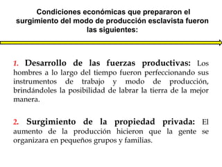 Condiciones económicas que prepararon el
surgimiento del modo de producción esclavista fueron
las siguientes:
1. Desarrollo de las fuerzas productivas: Los
hombres a lo largo del tiempo fueron perfeccionando sus
instrumentos de trabajo y modo de producción,
brindándoles la posibilidad de labrar la tierra de la mejor
manera.
2. Surgimiento de la propiedad privada: El
aumento de la producción hicieron que la gente se
organizara en pequeños grupos y familias.
 