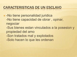 CARACTERISTICAS DE UN ESCLAVO


-No tiene personalidad juridica
-No tiene capacidad de obrar , opinar,
negociar
-Sus bienes estan vinculados a la posesion y
propiedad del amo
-Son tratados mal y explotados
-Solo hacen lo que les ordenan

 