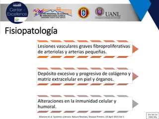 Fisiopatología
Allanore et al. Systemic sclerosis. Nature Reviews, Disease Primers. 23 April 2015 Vol 1
Lesiones vasculares graves fibroproliferativas
de arteriolas y arterias pequeñas.
Depósito excesivo y progresivo de colágeno y
matriz extracelular en piel y órganos.
Alteraciones en la inmunidad celular y
humoral.
Dra. De Lira
CRAIC Mty
 