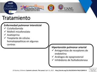 Tratamiento
Enfermedad pulmonar intersticial
✓ Ciclofosfamida
✓ Mofetil micofenolato
✓ Azatioprina
✓ Trasplante de células
hematopoyéticas en algunos
centros
Hipertensión pulmonar arterial
✓ Antagonistas de receptores de
endotelina
✓ Análogos de epoprostenol
✓ Inhibidores de fosfodiesterasa
CP Denton, D Khanna Systemic sclerosis. The Lancet. April 13, 2017. http://dx.doi.org/10.1016/S0140-6736(17)30933-9
Dra. De Lira
CRAIC Mty
 
