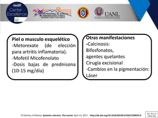 CP Denton, D Khanna Systemic sclerosis. The Lancet. April 13, 2017. http://dx.doi.org/10.1016/S0140-6736(17)30933-9
Otras manifestaciones
-Calcinosis:
Bifosfonatos,
agentes quelantes
Cirugía excisional
-Cambios en la pigmentación:
Láser
Piel o musculo esquelético
-Metorexate (de elección
para artritis inflamatoria).
-Mofetil Micofenolato
-Dosis bajas de prednisona
(10-15 mg/día)
Dra. De Lira
CRAIC Mty
 
