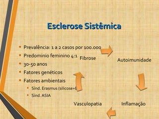 Esclerose SistêmicaEsclerose Sistêmica
• Prevalência: 1 a 2 casos por 100.000
• Predominio feminino 4:1
• 30-50 anos
• Fatores genéticos
• Fatores ambientais
• Sínd. Erasmus (silicose+ES)
• Sínd. ASIA
 