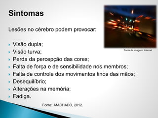 Sintomas
Lesões no cérebro podem provocar:
 Visão dupla;
 Visão turva;
 Perda da percepção das cores;
 Falta de força e de sensibilidade nos membros;
 Falta de controle dos movimentos finos das mãos;
 Desequilíbrio;
 Alterações na memória;
 Fadiga.
Fonte: MACHADO, 2012.
Fonte da imagem: Internet
 