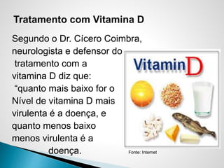 Segundo o Dr. Cícero Coimbra,
neurologista e defensor do
tratamento com a
vitamina D diz que:
“quanto mais baixo for o
Nível de vitamina D mais
virulenta é a doença, e
quanto menos baixo
menos virulenta é a
doença. Fonte: Internet
 