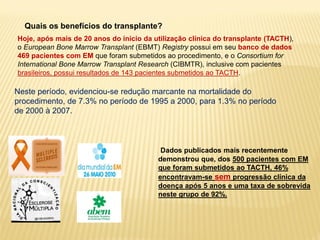 Quais os benefícios do transplante?
Hoje, após mais de 20 anos do inicio da utilização clínica do transplante (TACTH),
o European Bone Marrow Transplant (EBMT) Registry possui em seu banco de dados
469 pacientes com EM que foram submetidos ao procedimento, e o Consortium for
International Bone Marrow Transplant Research (CIBMTR), inclusive com pacientes
brasileiros, possui resultados de 143 pacientes submetidos ao TACTH.
Neste período, evidenciou-se redução marcante na mortalidade do
procedimento, de 7.3% no período de 1995 a 2000, para 1.3% no período
de 2000 à 2007.
Dados publicados mais recentemente
demonstrou que, dos 500 pacientes com EM
que foram submetidos ao TACTH, 46%
encontravam-se sem progressão clínica da
doença após 5 anos e uma taxa de sobrevida
neste grupo de 92%.
 