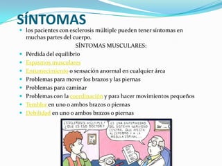 SÍNTOMAS
 los pacientes con esclerosis múltiple pueden tener síntomas en
muchas partes del cuerpo.
SÍNTOMAS MUSCULARES:
 Pérdida del equilibrio
 Espasmos musculares
 Entumecimiento o sensación anormal en cualquier área
 Problemas para mover los brazos y las piernas
 Problemas para caminar
 Problemas con la coordinación y para hacer movimientos pequeños
 Temblor en uno o ambos brazos o piernas
 Debilidad en uno o ambos brazos o piernas
 