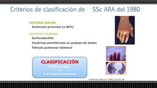 CRITERIO MAYOR
Esclerosis proximal (a MCF)
CRITERIOS MENORES
Esclerodactilia
Cicatrices puntiformes en pulpejo de dedos
Fibrosis pulmonar bilateral
Arthtritis Rheum 1980;23:581-90
CLASIFICACIÓN
Criterio mayor
o
≥ 2 Criterios menores
 