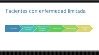 Calcinosis
Fenómeno de
Raynaund
Alteraciones de
la motilidad
esofágica
Esclerodactilia Telangiectasias
Síndrome de
CREST
 