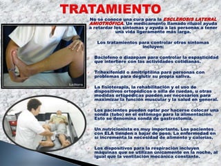 No se conoce una cura para la ESCLEROSIS LATERAL
AMIOTRÓFICA. Un medicamento llamado riluzol ayuda
a retardar los síntomas y ayuda a las personas a tener
una vida ligeramente más larga.
Los tratamientos para controlar otros síntomas
incluyen:
 Baclofeno o diazepam para controlar la espasticidad
que interfiere con las actividades cotidianas.
 Trihexifenidil o amitriptilina para personas con
problemas para deglutir su propia saliva.
 La fisioterapia, la rehabilitación y el uso de
dispositivos ortopédicos o silla de ruedas, u otras
medidas ortopédicas pueden ser necesarios para
maximizar la función muscular y la salud en general.
 Los pacientes pueden optar por hacerse colocar una
sonda (tubo) en el estómago para la alimentación.
Esto se denomina sonda de gastrostomía.
 Un nutricionista es muy importante. Los pacientes
con ELA tienden a bajar de peso. La enfermedad en
sí incrementa la necesidad de alimento y calorías.
 Los dispositivos para la respiración incluyen
máquinas que se utilizan únicamente en la noche, al
igual que la ventilación mecánica constante.
 