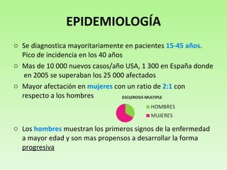 EPIDEMIOLOGÍA Se diagnostica mayoritariamente en pacientes  15-45 años . Pico de incidencia en los 40 años Mas de 10 000 nuevos casos/año USA, 1 300 en España donde  en 2005 se superaban los 25 000 afectados Mayor afectación en  mujeres  con un ratio de  2:1  con respecto a los hombres Los  hombres  muestran los primeros signos de la enfermedad a mayor edad y son mas propensos a desarrollar la forma  progresiva 