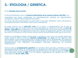 3.- ETIOLOGIA / GENETICA.
Es de etiología desconocida.

La EM está definida como un trastorno inflamatorio de la sustancia blanca del SNC y se
caracteriza por áreas multifocales de desmielinización, pérdida de oligodendritas,
astrogliosis y relativa indemnidad de los axones.
La causa de esta enfermedad no está clara y han sido señalados varios mecanismos,
incluyendo factores inmunitarios, infecciones, hereditarios.
El papel exacto de la infección viral en el inicio y mantenimiento de la EM es
desconocido, aún así, varios virus han sido estudiados en relación a la EM. Al virus de
Epstein - Barr (EBV) se le relaciona con la desmielinización; así en niños hay evidencia de
la vulnerabilidad con la exposición a este virus, previo al diagnóstico de EM y en estudio
de casos y controles en niños con EM más frecuente la positividad al EBV que a otros virus.
Insisten en probables factores ambientales y genéticos, pero no se ha podido demostrar
nada hasta la fecha. Entre los factores ambientales, los virus son los agentes más
preconizados como desencadenantes o determinantes de la enfermedad. Se sospecha
que actúan sobre los oligodendrocitos modificándoles en la infancia y condicionando
posteriormente una respuesta inmunológica anómala (alterando la correcta
mielinización).
Parece clara la predisposición genética. En estudios sobre gemelos univitelinos el riesgo
de padecer EM es del 31 %, mientras que en dicigotas es cerca del 5%; en familiares con
EM es del 2 al 5%,cuando en la población general es del 0,1 %; algunos grupos de HLA son
más frecuentes como el DR2 y en los países anglosajones los grupos de HLA más
habituales son A3, B7, DRB1, DQ1.

 
