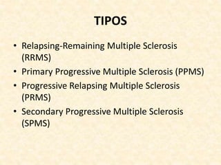 TIPOS
• Relapsing-Remaining Multiple Sclerosis
(RRMS)
• Primary Progressive Multiple Sclerosis (PPMS)
• Progressive Relapsing Multiple Sclerosis
(PRMS)
• Secondary Progressive Multiple Sclerosis
(SPMS)
 