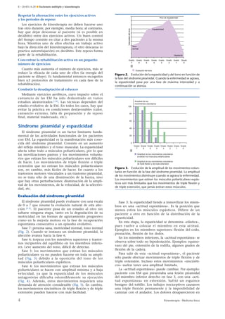 E – 26-431-A-20 ¶ Esclerosis múltiple y kinesiterapia

Respetar la alternación entre los ejercicios activos
y los períodos de reposo

Concentrar la rehabilitación activa en un pequeño
número de ejercicios
Cuanto más aumenta el número de ejercicios, más se
reduce la eficacia de cada uno de ellos (la energía del
paciente se diluye). Es fundamental entonces escogerlos
bien (cf protocolos de tratamiento en cada fase de la
rehabilitación).

Intensidad del tono

Los ejercicios de kinesiterapia no deben hacerse uno
tras otro durante, por ejemplo, media hora; al contrario,
hay que dejar descansar al paciente (si es posible en
decúbito) entre dos ejercicios activos. Un buen control
del tiempo consiste en citar a dos pacientes a la misma
hora. Mientras uno de ellos efectúa un trabajo activo
bajo la dirección del kinesiterapeuta, el otro descansa (o
practica autorrelajación) en decúbito. Este reposo forma
parte de la rehabilitación.

Pico de espasticidad

Espasticidad

Tono
normal
Hipotonía
Grado
7

Grado Grado
6
5

Grado Grado
4
3

Grado Grado
2
1

Grado
0

Evolución del tono

Figura 2. Evolución de la espasticidad y del tono en función de
la fase del síndrome piramidal. Cuando la enfermedad se agrava,
la espasticidad pasa por una fase de máxima intensidad y a
continuación se atenúa.

Combatir la desadaptación al esfuerzo
Mediante ejercicios aeróbicos, cuyo impacto sobre el
cansancio de las EM ha sido demostrado en varios
estudios aleatorizados [12]. Las técnicas dependen del
estadio evolutivo de la EM. En todos los casos, hay que
evitar la práctica en condiciones desfavorables (calor,
cansancio extremo, falta de preparación y de reposo
final, material inadecuado, etc.).

Amplitud de los
movimientos voluntarios
100

80

60

Síndrome piramidal y espasticidad
El síndrome piramidal es un factor limitante fundamental de las actividades funcionales de los pacientes
con EM. La espasticidad es la manifestación más conocida del síndrome piramidal. Consiste en un aumento
del reflejo miotático y el tono muscular. La espasticidad
afecta sobre todo a músculos poliarticulares, por lo que
las movilizaciones pasivas y los movimientos voluntarios que estiran los músculos poliarticulares son difíciles
de hacer. Los movimientos de triple flexión o triple
extensión que no estiran los músculos poliarticulares
son, en cambio, más fáciles de hacer. En cuanto a los
trastornos motores vinculados a un trastorno piramidal,
no se trata sólo de una disminución de la fuerza, sino
que hay otras perturbaciones: disminución de la amplitud de los movimientos, de la velocidad, de la selectividad, etc.

40

20

0
Grado Grado Grado Grado Grado Grado Grado Grado
7
6
5
4
3
2
1
0
Amplitud de los movimientos voluntarios
al estirar los músculos poliarticulares
Amplitud de los movimientos voluntarios
de triple flexión y de triple extensión

Figura 3. Evolución de la amplitud de los movimientos voluntarios en función de la fase del síndrome piramidal. La amplitud
de los movimientos disminuye cuando se agrava la enfermedad.
Los movimientos que estiran los músculos poliarticulares espásticos son más limitados que los movimientos de triple ﬂexión y
de triple extensión, que jamás estiran estos músculos.

Evaluación del síndrome piramidal
El síndrome piramidal puede evaluarse con una escala
de 0 a 7 que resume la evolución natural de esta afección [13] . El paciente pasa de un estadio al otro sin
saltarse ninguna etapa, tanto en la degradación de su
motricidad en las formas de agravamiento progresivo
como en la mejoría motora en la fase de recuperación
espontánea consecutiva a un episodio evolutivo.
Fase 7: persona sana, motricidad normal, tono normal
(Fig. 2). Cuando se instaura un síndrome piramidal, la
afección avanza hacia la fase 6.
Fase 6: torpeza con los miembros superiores y trastornos incipientes del equilibrio en los miembros inferiores. Leve aumento del tono, difícil de detectar.
Fase 5: los movimientos que estiran los músculos
poliarticulares ya no pueden hacerse en toda su amplitud (Fig. 3) debido a la oposición del tono de los
músculos poliarticulares espásticos.
Fase 4: los movimientos que estiran los músculos
poliarticulares se hacen con amplitud mínima y a baja
velocidad, ya que la espasticidad de los músculos
antagonistas dificulta ostensiblemente su ejecución
(Fig. 4). Además, estos movimientos requieren una
demanda de atención considerable (Fig. 5). En cambio,
los movimientos sincinéticos de triple flexión y de triple
extensión pueden hacerse con más facilidad.

4

Fase 3: la espasticidad tiende a inmovilizar los miembros en una «actitud espontánea». Es la posición que
menos estira los músculos espásticos. Difiere de un
paciente a otro en función de la distribución de la
espasticidad.
En esta etapa, la espasticidad se denomina «elástica»,
pues vuelve a colocar el miembro en esta actitud.
Ejemplos en los miembros superiores: flexión del codo,
pronación, flexión de los dedos.
En los miembros inferiores, la «actitud espontánea» se
observa sobre todo en bipedestación. Ejemplos: equinovaro del pie, extensión de la rodilla, algunos grados de
flexión de la cadera.
Para salir de esta «actitud espontánea», el paciente
sólo puede efectuar movimientos de triple flexión y de
triple extensión. Incluso estos movimientos «sincinéticos» suelen tener una amplitud limitada.
La «actitud espontánea» puede cambiar. Por ejemplo:
paciente con EM que presentaba una lesión piramidal
del miembro inferior derecho en fase 3, con una «actitud espontánea» en extensión. Sufrió un esguince
benigno del tobillo. Los influjos nociceptivos causaron
una triple flexión permanente y la imposibilidad de
caminar con el andador. Los dolores desaparecieron en
Kinesiterapia - Medicina física

 