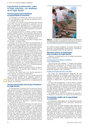 E – 26-431-A-20 ¶ Esclerosis múltiple y kinesiterapia

Espasticidad predominante sobre
la triple extensión, con debilidad
de la triple ﬂexión
Técnicas pasivas para disminuir
la espasticidad en extensión

.1

La crioterapia es la técnica que más se usa en la EM.
No está indicada en una minoría de pacientes que no
se ve afectada por el calor.
En cuanto a la mayoría de los pacientes que mejora
con el frío, hay que ser prudente y comenzar con un
baño con agua fresca (alrededor de 21 °C) para evitar un
shock térmico. En los días siguientes, la temperatura del
baño se irá reduciendo de forma progresiva en función
de las reacciones del paciente.
La crioterapia general no se limita a reducir la espasticidad; también mejora otros síntomas (disminución
del cansancio, mejoría de la agudeza visual, aumento de
la fuerza muscular, etc.) [8]. Por desgracia, el efecto es
transitorio y se atenúa al cabo de algunas horas.
Advertencia: la crioterapia local sobre el tríceps sural,
por ejemplo, es menos eficaz.
Atención: los baños con agua fría incrementan la
espasticidad en los pacientes con enfermedad motora
cerebral o hemiplejía espástica por lesión cerebrovascular. No hay que confundir entonces las distintas afecciones ni tratar a todos los pacientes del mismo modo.
Los autoestiramientos lentos y prolongados de los músculos espásticos poliarticulares son convenientes en las
formas oligosintomáticas de pacientes con un perímetro
de marcha superior a los 1.000 metros. Además, permiten mantener el aparato ortopédico. En cambio, si la
gravedad de la lesión es moderada, estos ejercicios son
demasiado fatigosos. Efectuarlos no es compatible con
un trabajo centrado en las actividades funcionales
(perímetro de marcha, etc.). Resulta imperativo usar las
movilizaciones pasivas lentas y es el kinesiterapeuta
quien debe ayudar a hacer las posturas.
Las plataformas vibratorias permiten reducir los dolores
y la espasticidad. El aparato debe regularse en las
vibraciones más suaves.
Atención: las vibraciones muy fuertes generan el
efecto inverso: exacerban la espasticidad.
Los dispositivos ortopédicos son una ayuda adecuada
para la marcha (bastón, férula, andador), mejoran la
calidad de ésta, disminuyen el gasto energético y, por
esta razón, retrasan la aparición de la espasticidad de
esfuerzo en extensión.

Técnicas funcionales activas para fortalecer
la triple ﬂexión
El entrenamiento sistemático de los ejercicios funcionales permite retrasar la aparición de la espasticidad de
esfuerzo no controlada y el cansancio. Es un verdadero
método de control de la espasticidad. Además, algunas
actividades funcionales permiten fortalecer la triple
flexión: subir escaleras (Fig. 6), la fase de oscilación de
la marcha, el trabajo de salvar obstáculos en las barras
paralelas, la estimulación eléctrica funcional (EEF), el
cambio de posición de «decúbito» a «posición sentada
en el borde de la cama», etc.
Advertencia: la toma de conciencia y la corrección de
un solo defecto de marcha es posible en un paciente
que presenta una forma incompleta y una espasticidad
leve. En cambio, es ilusorio pretender corregir varios
defectos de marcha al mismo tiempo o una cojera por
una lesión neurológica seria. Hay que trabajar para el
paciente que conoce y siente su enfermedad y no para
la visión ideal del kinesiterapeuta. La «mejor manera»
de caminar, desde el punto de vista del rehabilitador,
suele estar muy alejada de la «mejor manera» según la
opinión del paciente, que de manera inconsciente tiene

6

Figura 6. Un ejercicio funcional para fortalecer la triple ﬂexión:
la subida de escaleras. La terapeuta se coloca detrás y se sostiene
de la barandilla para garantizar la seguridad del paciente.

en cuenta el gasto energético, la menor demanda de
atención y las posibilidades biomecánicas y fisiopatológicas (autoorganización del movimiento).

Ejercicios activos no funcionales
para fortalecer la triple ﬂexión
Objetivo: el fortalecimiento de los grupos musculares
flexores deficitarios.
Fortalecimiento isocinético excéntrico
de los isquiosurales
Esta técnica ha sido validada [15]. Produce una mejoría
cualitativa de la marcha por un aumento de la transmisión nerviosa de flexión, que se hace cada vez más
intensa gracias a un entrenamiento cuantificado y a una
progresión regular y bien conducida.
Trabajo de la triple flexión en decúbito
No todos los kinesiterapeutas disponen de una
máquina isocinética. Sin embargo, es posible efectuar un
trabajo cuantificado de la triple flexión utilizando, por
ejemplo, el trabajo de la flexión en decúbito. Este
ejercicio se adapta más a los pacientes cansados (Figs.
7 y 8).
Al inicio de la progresión, se usa la técnica «mantenerse después de haber sido colocado en posición»,
también conocida como hold after positionning. Consiste
en colocar pasivamente el miembro en la posición deseada
(en triple flexión), aguardar la relajación de los músculos
extensores (antagonistas del movimiento) y luego pedirle al
paciente que conserve la posición.
En progresión, se aumenta el número de ejercicios y
el tiempo de contracción y se reducen las facilitaciones.

Tratamiento médico de la espasticidad
en extensión
El tratamiento farmacológico de la espasticidad permite
disminuir la intensidad de ésta y, por tanto, mejorar los
resultados funcionales.
Las inyecciones de toxina botulínica debe aplicarlas un
especialista. Por ejemplo, el debilitamiento del tríceps
por la toxina permite a los elevadores hacer una dorsiflexión. Después de las inyecciones, el kinesiterapeuta
debe aprovechar para mejorar el perímetro de marcha,
la subida de escaleras, etc. Sin embargo, al cabo de
algunos meses, el efecto de las inyecciones se desvanece
y el cuadro se desplaza progresivamente hacia el estado
inicial. Entonces, debe programarse una nueva
inyección.
Kinesiterapia - Medicina física

 