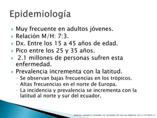  Muy frecuente en adultos jóvenes.
 Relación M/H: 7:3.
 Dx. Entre los 15 a 45 años de edad.
 Pico entre los 25 y 35 años.
 2.1 millones de personas sufren esta
enfermedad.
 Prevalencia incrementa con la latitud.
◦ Se observan bajas frecuencias en los trópicos.
◦ Altas frecuencias en el norte de Europa.
◦ La incidencia y prevalencia se incrementa con la
latitud al norte y sur del ecuador.
Esclerosis múltiple O. Fernández, V.E. Fernández y M. Guerrero-Medicine. 2015;11(77):4610-21
 