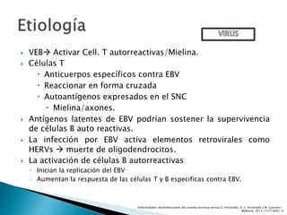  VEB Activar Cell. T autorreactivas/Mielina.
 Células T
 Anticuerpos específicos contra EBV
 Reaccionar en forma cruzada
 Autoantígenos expresados en el SNC
 Mielina/axones.
 Antígenos latentes de EBV podrían sostener la supervivencia
de células B auto reactivas.
 La infección por EBV activa elementos retrovirales como
HERVs  muerte de oligodendrocitos.
 La activación de células B autorreactivas
◦ Inician la replicación del EBV
◦ Aumentan la respuesta de las células T y B especificas contra EBV.
Enfermedades desmielinizantes del sistema nervioso central O. Fernández, V. E. Fernández y M. Guerrero -
Medicine. 2015;11(77):4601-9
 