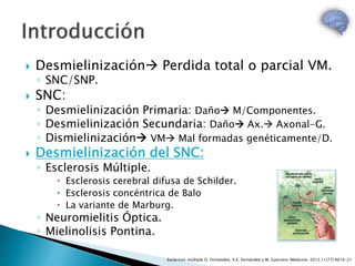  Desmielinización Perdida total o parcial VM.
◦ SNC/SNP.
 SNC:
◦ Desmielinización Primaria: Daño M/Componentes.
◦ Desmielinización Secundaria: Daño Ax. Axonal-G.
◦ Dismielinización VM Mal formadas genéticamente/D.
 Desmielinización del SNC:
◦ Esclerosis Múltiple.
 Esclerosis cerebral difusa de Schilder.
 Esclerosis concéntrica de Balo
 La variante de Marburg.
◦ Neuromielitis Óptica.
◦ Mielinolisis Pontina.
Esclerosis múltiple O. Fernández, V.E. Fernández y M. Guerrero-Medicine. 2015;11(77):4610-21
 
