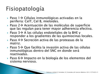  Paso 1 Células inmunológicas activadas en la
periferia: CelT, Cel B, mieloides.
 Paso 2 Acentuación de las moléculas de superficie
que las regulan para tener mayor adherencia efectiva.
 Paso 3 A las células endoteliales de la BHE y
responder a los gradientes de las quimiocinas locales.
 Paso 4 Secreción activa de las proteasas de la
matriz.
 Paso 5 Que facilita la invasión activa de las células
inmunológicas dentro del SNC en donde será
reactivadas.
 Paso 6 Impacto en la biología de los elementos del
sistema nervioso.
Esclerosis múltiple O. Fernández, V.E. Fernández y M. Guerrero-Medicine. 2015;11(77):4610-21
 