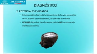 DIAGNÓSTICO
2. POTENCIALES EVOCADOS
• Informan sobre el correcto funcionamiento de las vías sensoriales
visual, auditiva y somatosensitiva, así como de las motoras
• UTILIDAD: Descubrir vías afectas que todavía NO han provocado
manifestación clínica
 
