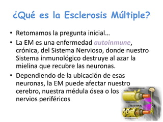 ¿Qué es la Esclerosis Múltiple?
• Retomamos la pregunta inicial…
• La EM es una enfermedad autoinmune,
crónica, del Sistema Nervioso, donde nuestro
Sistema inmunológico destruye al azar la
mielina que recubre las neuronas.
• Dependiendo de la ubicación de esas
neuronas, la EM puede afectar nuestro
cerebro, nuestra médula ósea o los
nervios periféricos
 