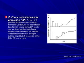 2.2. Forma secundariamenteForma secundariamente
progresiva (SP):progresiva (SP): En los 10-15En los 10-15
primeros años de evolución de lasprimeros años de evolución de las
formas RR, el 50% de los pacientes seformas RR, el 50% de los pacientes se
transforman en una forma SP, con lotransforman en una forma SP, con lo
que, en fases tardías, es la formaque, en fases tardías, es la forma
evolutiva más frecuente. No existenevolutiva más frecuente. No existen
indicadores exactos que prediganindicadores exactos que predigan
cuándo se producirá el paso de formacuándo se producirá el paso de forma
RR a SP, o si lo hará.RR a SP, o si lo hará.
Neurol Clin 23 (2005) 1–15Neurol Clin 23 (2005) 1–15
 