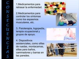 C
O
N
S
E
C
U
E
N
C
I
A
S
1.Medicamentos para
retrasar la enfermedad.
2.Medicamentos para
controlar los síntomas
como los espasmos
musculares, etc.
3. Fisioterapia, logopedia,
terapia ocupacional y
grupos de apoyo.
4. Dispositivos
asistenciales, como sillas
de ruedas, montacamas,
sillas para baños,
caminadores y barras en
las paredes.
 