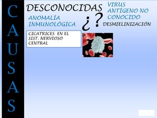 C
A
U
S
A
S
DESCONOCIDAS
VIRUS
ANTÍGENO NO
CONOCIDOANOMALÍA
INMUNOLÓGICA ¿?DESMIELINIZACIÓN
CICATRICES EN EL
SIST. NERVIOSO
CENTRAL
 