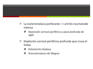 La escleromalacia perforante –> artritis reumatoide

intensa
 Depresión corneal periférica y poco profunda de

360º
 Depleción corneal periférica profunda que cruza el

limbo
 Poliarteritis Nodosa
 Granulomatosis de Wegner

 