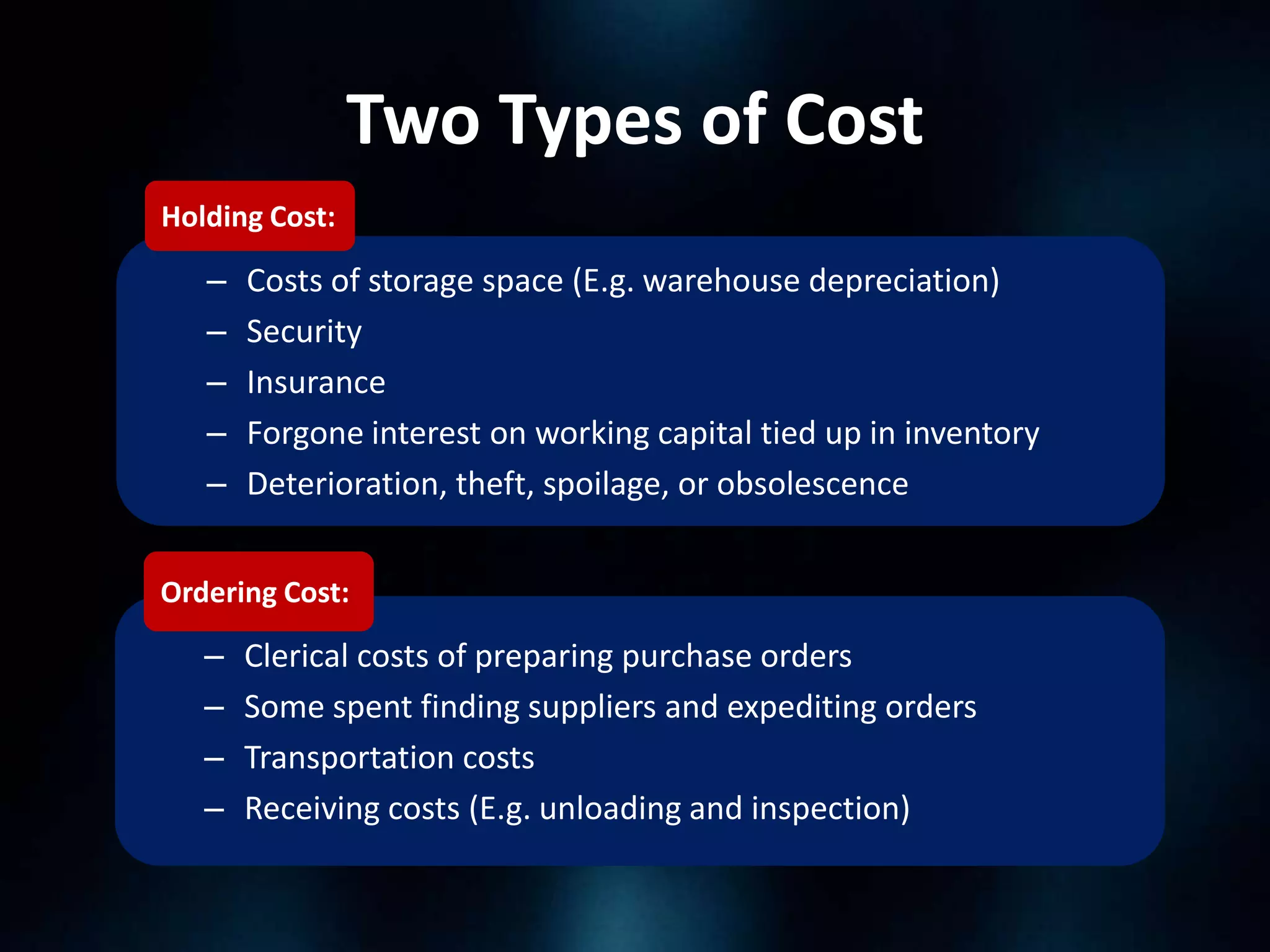 Two Types of Cost
Holding Cost:

–
–
–
–
–

Costs of storage space (E.g. warehouse depreciation)
Security
Insurance
Forgone interest on working capital tied up in inventory
Deterioration, theft, spoilage, or obsolescence

Ordering Cost:

–
–
–
–

Clerical costs of preparing purchase orders
Some spent finding suppliers and expediting orders
Transportation costs
Receiving costs (E.g. unloading and inspection)

 