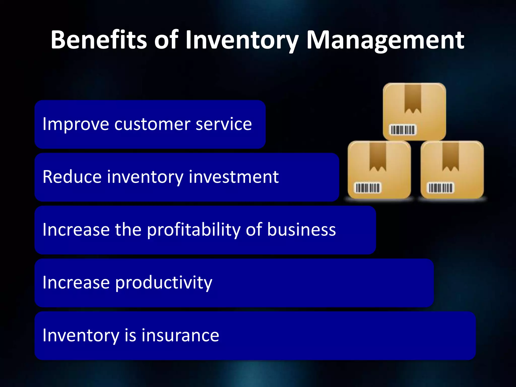 Benefits of Inventory Management
Improve customer service
Reduce inventory investment
Increase the profitability of business
Increase productivity

Inventory is insurance

 