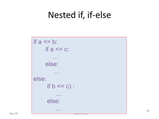 Nested if, if-else
Mar-24 Programming
29
if a <= b:
if a <= c:
…
else:
…
else:
if b <= c) :
…
else:
…
 