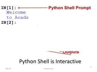 Python Shell is Interactive
Mar-24 Programming
6
IN[1]:
IN[2]:
IN[4]:
IN[3]:
Python Shell Prompt
User Commands
(Statements)
Outputs
( )
 