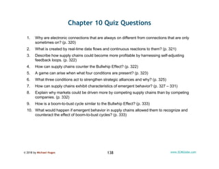 © 2018 by Michael Hugos 138 www.SCMGlobe.com
Chapter 10 Quiz Questions
1. Why are electronic connections that are always o...