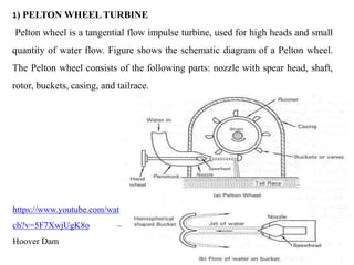 1) PELTON WHEEL TURBINE
Pelton wheel is a tangential flow impulse turbine, used for high heads and small
quantity of water...