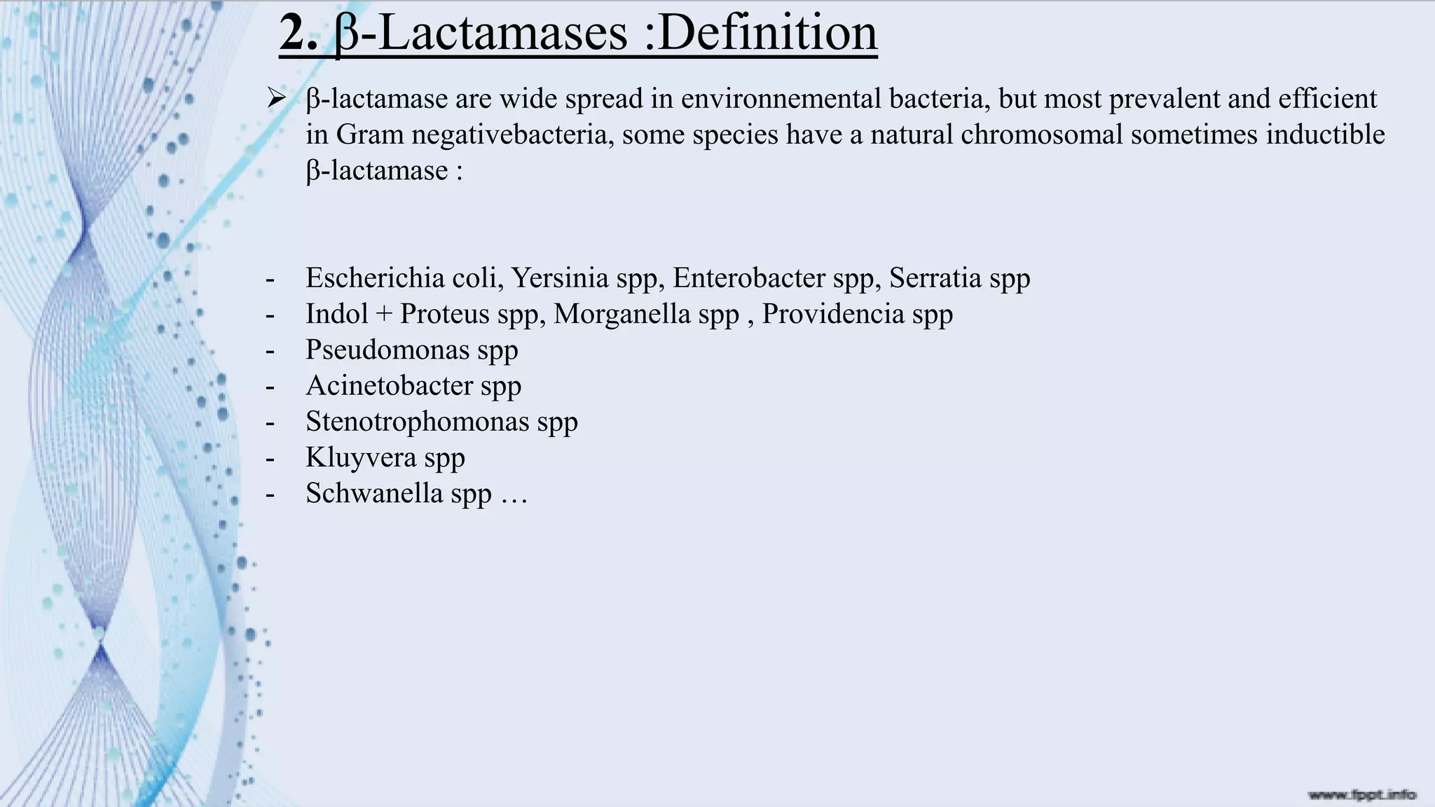 2. β-Lactamases :Definition
➢ β-lactamase are wide spread in environnemental bacteria, but most prevalent and efficient
in Gram negativebacteria, some species have a natural chromosomal sometimes inductible
β-lactamase :
- Escherichia coli, Yersinia spp, Enterobacter spp, Serratia spp
- Indol + Proteus spp, Morganella spp , Providencia spp
- Pseudomonas spp
- Acinetobacter spp
- Stenotrophomonas spp
- Kluyvera spp
- Schwanella spp …
 