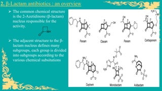 2. β-Lactam antibiotics : an overview
➢ The common chemical structure
is the 2-Azetidinone (β-lactam)
nucleus responsible for the
activity.
➢ The adjacent structure to the β-
lactam nucleus defines many
subgroups, each group is divided
into subgroups according to the
various chemical subsitutions
 