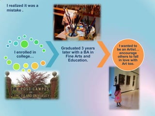 I realized it was a
mistake .

I enrolled in
college…

Graduated 3 years
later with a BA in
Fine Arts and
Education.

I wanted to
be an Artist…
encourage
others to fall
in love with
Art too.

 