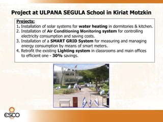 Project at ULPANA SEGULA School in Kiriat Motzkin
 Projects:
 1. Installation of solar systems for water heating in dormitories & kitchen.
 2. Installation of Air Conditioning Monitoring system for controlling
    electricity consumption and saving costs.
 3. Installation of a SMART GRID System for measuring and managing
    energy consumption by means of smart meters.
 4. Retrofit the existing Lighting system in classrooms and main offices
    to efficient one - 30% savings.
 