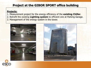 Project at the GIBOR SPORT office building
Projects:
1. Measurement project for the energy efficiency of the existing Chiller.
2. Retrofit the existing Lighting system to efficient one at Parking Garage.
3. Management of the energy system in the tower.
 
