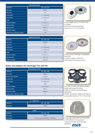 1313
FIXED-ANGLE ROTOR
Model No. VST - ROT - 007
Item Code 1380011
PCR Strips 4 x 8
Acceleration 17 - 150 seconds
Deceleration 20 - 95 seconds
Angle 45º
Maximum Radius 61 mm (2.4”)
Maximum Bore 6 mm ø (0.2”ø)
Maximum RCF 15342 x g
Maximum Speed 15000 rpm
Temperature at Maximum Speed 2.5ºC
SWING-BUCKET ROTOR
Model No. VST - ROT - 009
Item Code 1380022
Bucket/ Max. Capacity 4 x 250 ml
Acceleration 34 - 309 seconds
Deceleration 36 - 458 seconds
Angle 0-90º
Maximum Radius 167 mm (6.6”)
Maximum RCF 3780 x g
Maximum Speed 4500 rpm
Temperature at Maximum Speed -2ºC
Hematocrit rotor
Model No. VST - ROT - 008
Item Code 1380012
Capillaries 24
Aceleration 15 - 120 seconds
Deceleration 15 - 120 seconds
Angle 90º
Maximum Radius 93 mm (3.7”)
Maximum RCF 14811 x g
Maximum Speed 12000 rpm
PC - SCREW CAP
Model No. VST - ACS - 009
Item Code 1380079
O-RING
Model No. VST - ACS - 010
Item Code 1380080
Description O-ring for bucket VST-ADP-006 ~ VST-ADP-021
• Only suitable with 0.2 ml 8 PCR strips,
no adapter
• Rotor and lid are autoclavable
(maximum of 121ºC, 20 minutes)
• 4 x 250 ml bucket with flexible adapters
enable high sample for testing
• Ideal for medical and biotechnology
laboratories
• Rotor, cap, buckets, adapters and caps are
autoclavable (maximum 121ºC, 20 minutes)
• Only for MCV centrifuge, not applicable
with MCR
• Ideal for medical field in the
determination of Hematocrit value
• Screw cap made of PC for VST-ADP-006
to VST-ADP-021 of swing bucket
• Used with O rings for aerosol tight
application
Rotors and Adapters for Centrifuges TCV and TCR
 