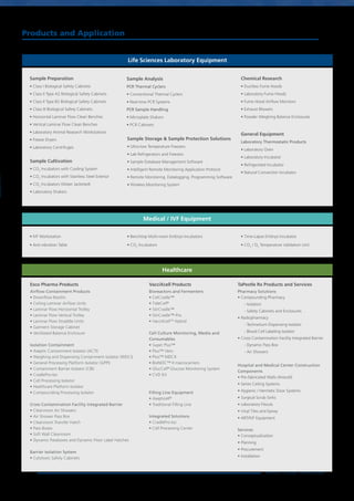 Products and Application
Life Sciences Laboratory Equipment
Sample Preparation
• Class I Biological Safety Cabinets
• Class II Type A2 Biological Safety Cabinets
• Class II Type B2 Biological Safety Cabinets
• Class III Biological Safety Cabinets
• Horizontal Laminar Flow Clean Benches
• Vertical Laminar Flow Clean Benches
• Laboratory Animal Research Workstations
• Freeze Dryers
• Laboratory Centrifuges
Sample Storage & Sample Protection Solutions
• Ultra-low Temperature Freezers
• Lab Refrigerators and Freezers
• Sample Database Management Software
• Intelligent Remote Monitoring Application Protocol
• Remote Monitoring, Datalogging, Programming Software
• Wireless Monitoring System
General Equipment
Laboratory Thermostatic Products
• Laboratory Oven
• Laboratory Incubator
• Refrigerated Incubator
• Natural Convection Incubator
Sample Cultivation
• CO2
Incubators with Cooling System
• CO2
Incubators with Stainless Steel Exterior
• CO2
Incubators (Water Jacketed)
• Laboratory Shakers
Sample Analysis
PCR Thermal Cyclers	
• Conventional Thermal Cyclers
• Real-time PCR Systems
PCR Sample Handling
• Microplate Shakers
• PCR Cabinets
Chemical Research
• Ductless Fume Hoods
• Laboratory Fume Hoods
• Fume Hood Airflow Monitors
• Exhaust Blowers
• Powder Weighing Balance Enclosures
Medical / IVF Equipment
• IVF Workstation
• Anti-vibration Table
• Benchtop Multi-room Embryo Incubators
• CO2
Incubators
• Time-Lapse Embryo Incubator
• CO2
/ O2
Temperature Validation Unit
Healthcare
VacciXcell Products
Bioreactors and Fermenters
• CelCradle™
• TideCell®
• StirCradle™
• StirCradle™-Pro
• VacciXcellTM
Hybrid
Cell Culture Monitoring, Media and
Consumables
• Super Plus™
• Plus™ Vero
• Plus™ MDCK
• BioNOC™ II macrocarriers
• GlucCell®
Glucose Monitoring System
• CVD Kit
Filling Line Equipment
• Asepticell®
• Traditional Filling Line
Integrated Solutions
• CradlePro-Iso
• Cell Processing Center
Esco Pharma Products
Airflow Containment Products
• Downflow Booths
• Ceiling Laminar Airflow Units
• Laminar Flow Horizontal Trolley
• Laminar Flow Vertical Trolley
• Laminar Flow Straddle Units
• Garment Storage Cabinet
• Ventilated Balance Enclosure
Isolation Containment
• Aseptic Containment Isolator (ACTI)
• Weighing and Dispensing Containment Isolator (WDCI)
• General Processing Platform Isolator (GPPI)
• Containment Barrier Isolator (CBI)
• CradlePro-Iso
• Cell Processing Isolator
• Healthcare Platform Isolator
• Compounding Processing Isolator
Cross Contamination Facility Integrated Barrier
• Cleanroom Air Showers
• Air Shower Pass Box
• Cleanroom Transfer Hatch
• Pass Boxes
• Soft Wall Cleanroom
• Dynamic Passboxes and Dynamic Floor Label Hatches
Barrier Isolation System
• Cytotoxic Safety Cabinets
TaPestle Rx Products and Services
Pharmacy Solutions
• Compounding Pharmacy
	 - Isolators
	 - Safety Cabinets and Enclosures
• Radiopharmacy
	 - Technetium Dispensing Isolator
	 - Blood Cell Labeling Isolator
• Cross Contamination Facility Integrated Barrier
	 - Dynamic Pass Box
	 - Air Showers
Hospital and Medical Center Construction
Components
• Pre-fabricated Walls (Airecell)
• Series Ceiling Systems
• Hygienic / Hermetic Door Systems
• Surgical Scrub Sinks
• Laboratory Fitouts
• Vinyl Tiles and Epoxy
• ART/IVF Equipment
Services
• Conceptualization
• Planning
• Procurement
• Installation
 