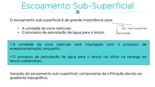 O escoamento sub-superficial é de grande importância para:
• A umidade da zona radicular;
• O processo de percolação de água para o lençol.
✓A umidade da zona radicular está interligada com o processo de
evapotranspiração, enquanto
✓O processo de percolação de água para o lençol vai influir na recarga do
lençol subterrâneo.
Geração do escoamento sub-superficial: componente da infiltração devido ao
gradiente topográfico.
 