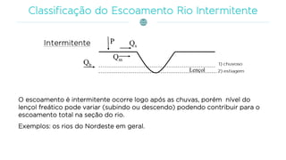 O escoamento é intermitente ocorre logo após as chuvas, porém nível do
lençol freático pode variar (subindo ou descendo) podendo contribuir para o
escoamento total na seção do rio.
Exemplos: os rios do Nordeste em geral.
 