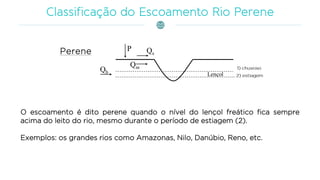 O escoamento é dito perene quando o nível do lençol freático fica sempre
acima do leito do rio, mesmo durante o período de estiagem (2).
Exemplos: os grandes rios como Amazonas, Nilo, Danúbio, Reno, etc.
 