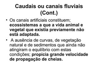 Caudais ou canais fluviais
(Cont.)
• Os canais artificiais constituem;
ecossistemas a que a vida animal e
vegetal que existia previamente não
está adaptada.
• A ausência de curvas, de vegetação
natural e de sedimentos que ainda não
atingiram o equilíbrio com estas
condições; propicia grande velocidade
de propagação de cheias.
 