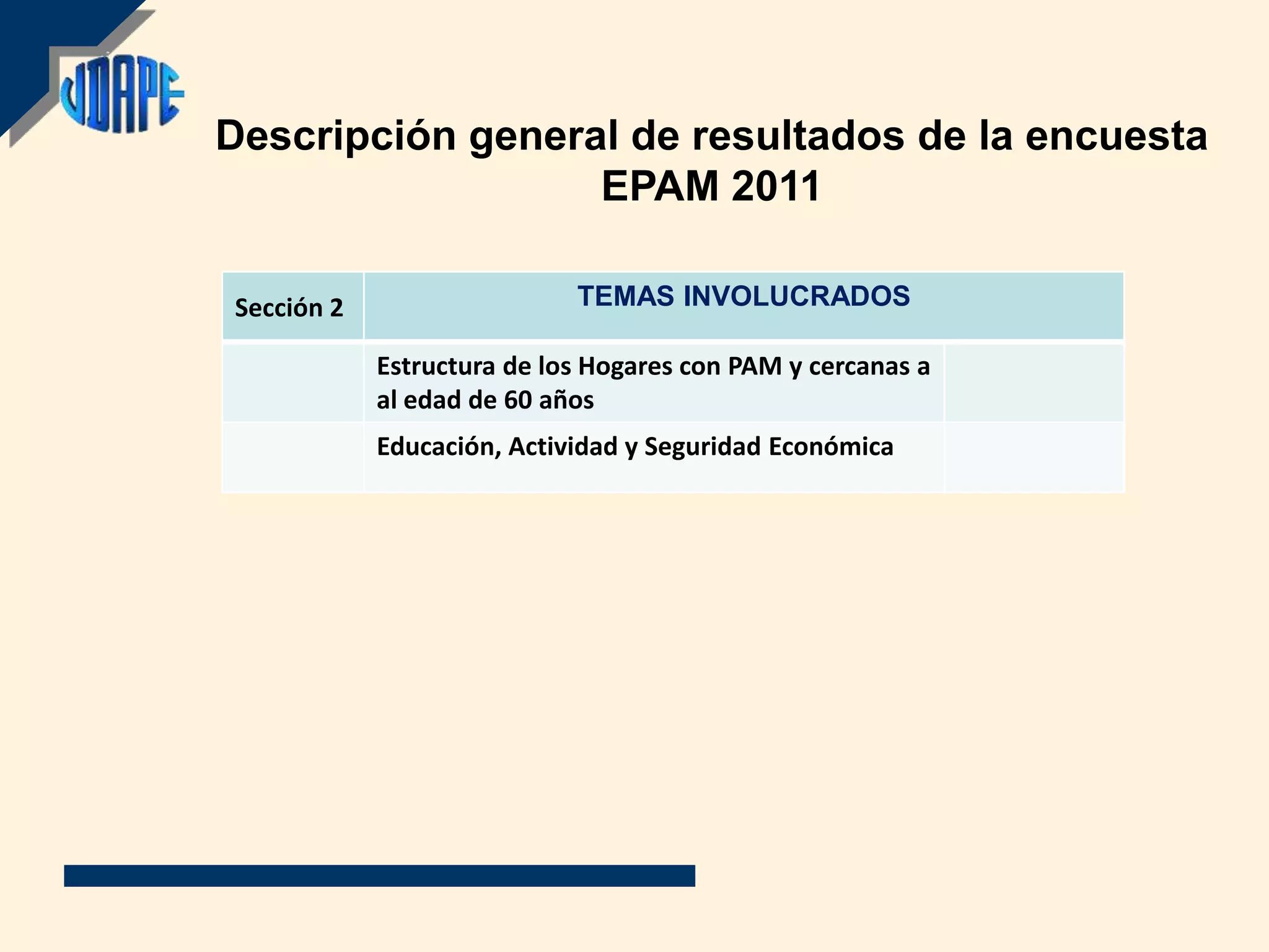 Descripción general de resultados de la encuesta
                  EPAM 2011

Sección 2                   TEMAS INVOLUCRADOS

            Estructura de los Hogares con PAM y cercanas a
            al edad de 60 años
            Educación, Actividad y Seguridad Económica
 